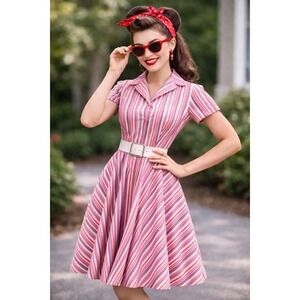 Vintage J Peterman Stripe Button Front Midi Shirt Dress 12 Pink Rockabilly Retro